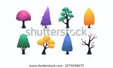 Set of vector flat 2D cartoon trees. Great for integration into mobile games or for creating backgrounds for animation. Bright attractive colors are used and the trees differ in their shape