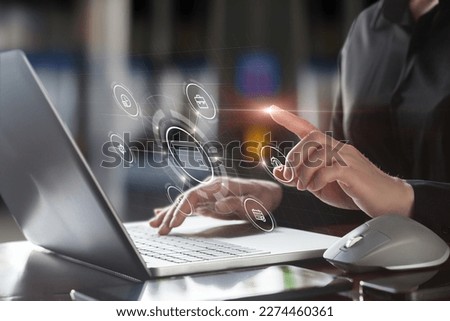 Businesswoman working with virtual card on computer in network.