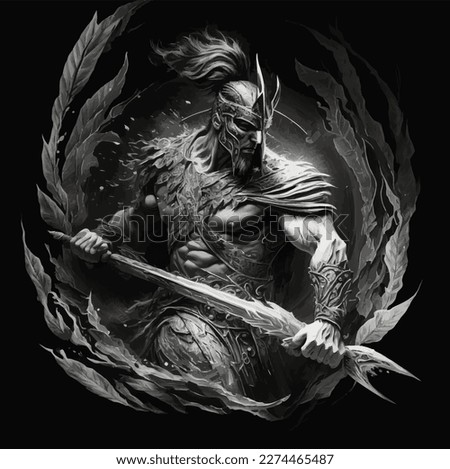 illustration of a roman warrior in Battle dress and helmet holding spear isolated on a white background with splatter effect. Vector t-shirt print. Vector illustration Royalty-Free Stock Photo #2274465487