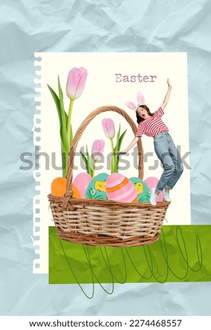 Creative design 3d collage photo postcard greeting celebrate easter falling inside bucket colored eggs girl tulips flower isolated on blue background