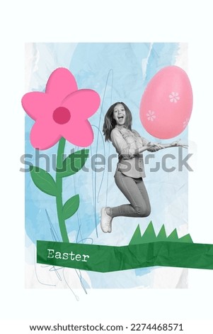 Picture collage art sketch of young teenager funky girl jumping try catch pink egg spring easter ornament blossom flower isolated on blue background