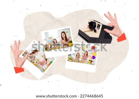 Creative collage of arms hold photo camera printed instant photo mother daughter prepare painted easter egg