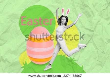 Collage portrait of excited carefree black white gamma girl jumping drawing bunny ears big easter egg isolated on green background
