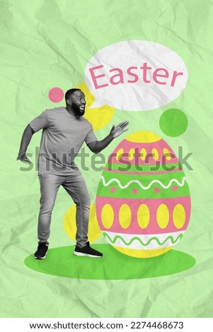 Vertical collage image of overjoyed black white gamma mini guy dancing huge painted egg speak dialogue bubble easter isolated on green background