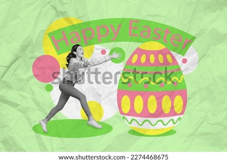 Composite collage picture of excited mini black white gamma girl run hurry catch big painted easter egg isolated on green background