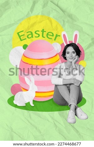 Vertical composite collage photo of young girl touch cheek sitting with bunny ears striped drawn ornament egg easter isolated on green background