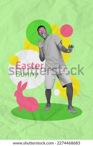 Collage composite artwork of young funky student guy enjoy weekend easter holiday bunny little animal painted glasses isolated on green background