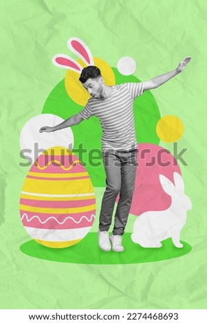 Vertical collage picture of mini black white effect impressed guy bunny ears huge easter egg drawing bunny isolated on green background