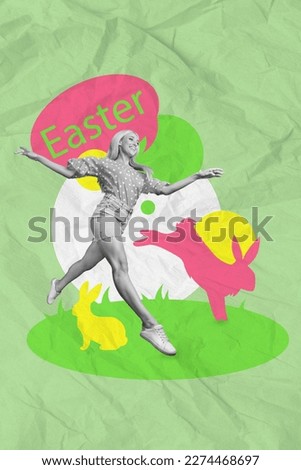 Creative collage photo of young active lady jumping overjoyed happy easter postcard little painted rabbit outdoors isolated on green background