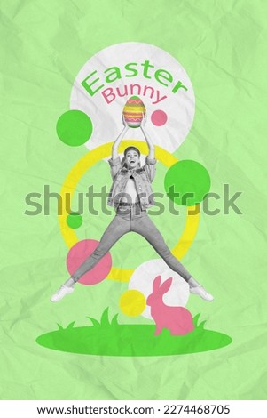 Vertical collage image of crazy black white effect girl jumping arms hold painted easter egg drawing bunny isolated on green background
