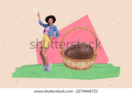Minimal creative composite photo collage of youngster funny girl dancing bucket chocolate egg easter spring holiday isolated on pink background