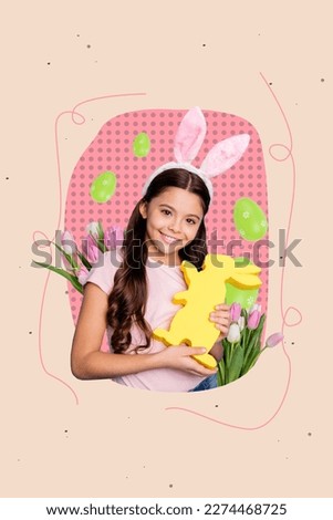 Photo postcard spring holiday happy easter cute girl hold paper yellow rabbit wear headband ears near fresh flowers isolated on pink background