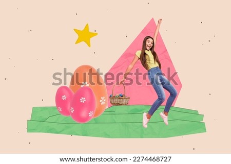 Composite creative photo collage artwork greeting card banner of youngster teen girl hold basket colored eggs easter picnic isolated pink background