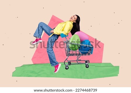 Creative minimal template collage postcard of young carefree girl have fun shopping cart full easter colored eggs isolated on pink background