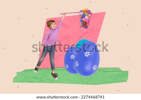 Creative photo cartoon designed collage of little funny schoolboy hold fishnet springtime holiday easter carry drawn eggs isolated on pink background