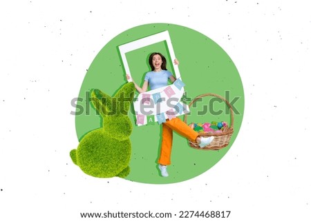 Creative collage portrait of excited funky girl hold paper album set card easter basket handicraft fluffy bunny toy
