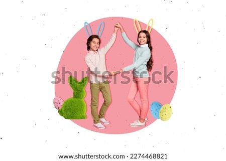 Creative collage picture of two positive kids hold arms drawing bunny ears fluffy toy painted eggs decoration