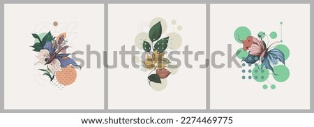 Abstract minimalist Art. Mixed style, geometric shapes and plants. Flowers, leaves. Set of vector paintings. Bauhaus. Backgrounds for poster, banner, print.  Royalty-Free Stock Photo #2274469775