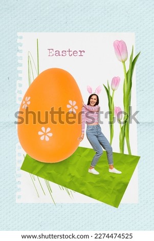 Picture creative design collage happy easter postcard holiday woman wear bunny ears pushing big traditional painted egg isolated on blue background