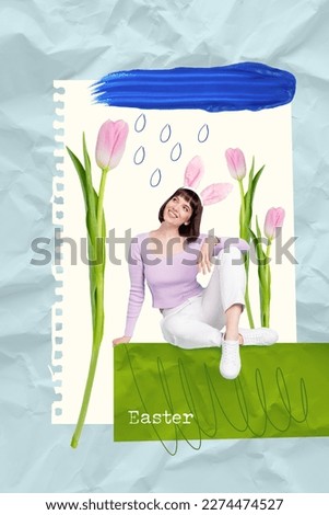 Creative easter holiday springtime designed artwork collage of young lady dreaming wear pink ears headband rainy weather isolated on blue background