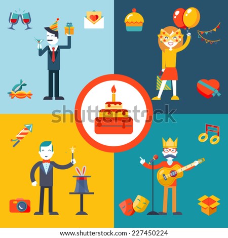 Gift, Party, Birthday Businessman character concept icons set modern trendy flat vector illustration