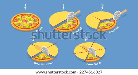 3D Isometric Flat Vector Conceptual Illustration of Mathematics for Kids, Cut Pizza Fractions
