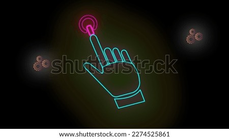 Power button icon on hand martyrdom fingers with gear wheel on black background.