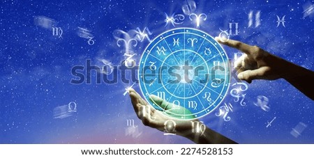 Astrological zodiac signs inside of horoscope circle. Astrology, knowledge of stars in the sky over the milky way and moon. The power of the universe concept.