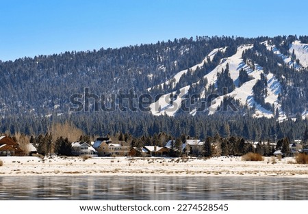 Big Bear Lake and the snowed San Bernardino Mountain. Snow Valley mountain resort in Running Springs, California USA.