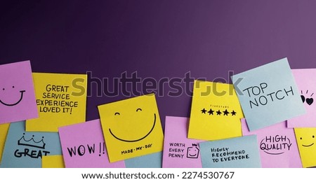 Customer Experience Concept. Happy Clients stick Many Sticky Notes with Positive Review on Board. Feedback for Satisfaction Surveys. Royalty-Free Stock Photo #2274530767