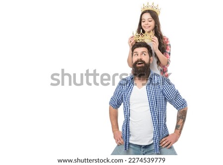 Father and kid with golden crown. We are just best. King and princess concept. Bearded hipster and little daughter. Family heritage. Crown richness and monarchy. Crown symbol of royal. Luxury life