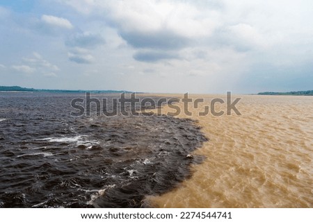 nature waterscape of amazon and rio negro rivers, brazil. photo of nature waterscape meeting waters.