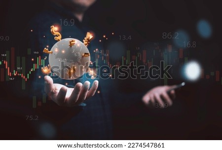 Global currency exchange and forex concept, Business man hand holding world with dollar yuan yen euro and pound sterling sign with copy space. Royalty-Free Stock Photo #2274547861