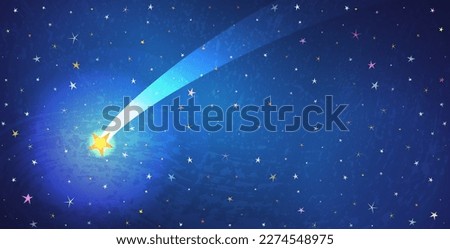 Colorful shiny stars in the night sky, outer space background for kids. Starry cosmos background for children with shooting star. Hand drawn artistic bedtime and sleep illustration with stars.