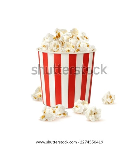 Popcorn bucket, realistic pop corn container of vector cinema or movie theater snack food. 3d box, bag or cup packaging of white and red striped paper with popped kernels of corn and maize Royalty-Free Stock Photo #2274550419