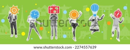 Cheerful young diverse people jumping, rejoice to travel with suitcase, sun, compass on faces on green studio background. Emotions from vacation and trip, sightseeing impression and active lifestyle