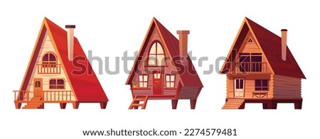 Cabins, wooden houses in forest, mountain village or camp. Small log cottages, huts with chimney, porch and stairs isolated on white background, vector cartoon illustration Royalty-Free Stock Photo #2274579481