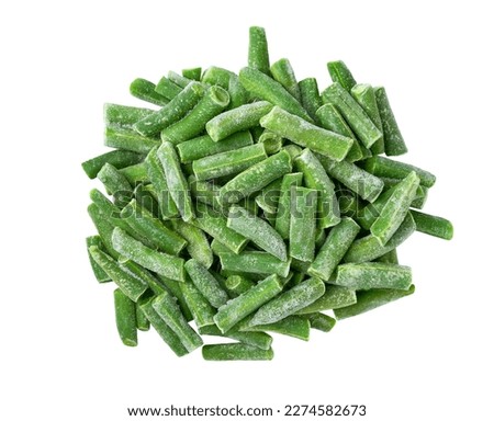 Deep freezing of vegetables. Frozen food vegetables. Frozen green beans. frozen bunch of cut string beans isolated on a white background. Royalty-Free Stock Photo #2274582673