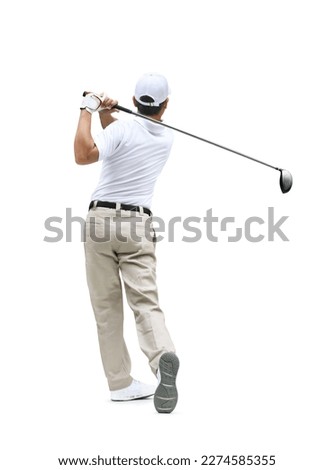 Golfer hit sweeping driver after hitting golf isolated on white background. Clipping path.