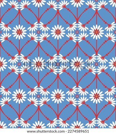 Abstract Tile Style Decorative Flowers Branches Seamless Vector Pattern Trendy Fashion Colors Perfect for Allover Fabric Print or Wrapping Paper Sky Blue Background