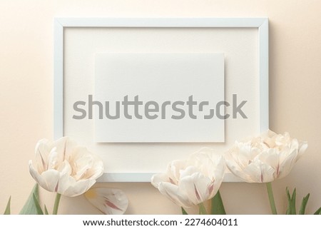 A blank greeting card with copy space in the frame, surrounded by cream-colored tulips and small hearts. Viewed from above against a light background. Photo for Mother's Day.