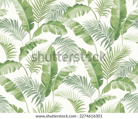 Vintage seamless pattern with tropical plants. Palm leaves in realistic style. Vector botanical illustration. Foliage design for wallpaper, wedding invitation and greeting card.