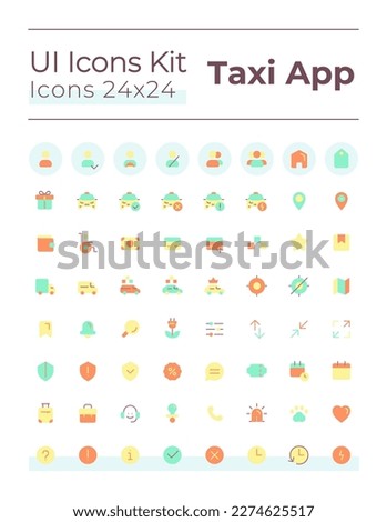 Taxi service flat color ui icons set. Urban vehicle order. Digital technology for business. GUI, UX design for mobile app. Vector isolated RGB pictograms. Montserrat Bold, Light fonts used