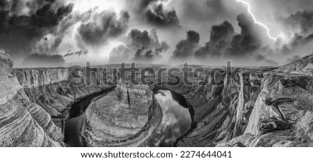 Horseshoe Bend panoramic aerial view, Arizona. Rocks and Colorado River during a storm