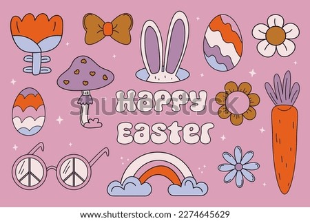 Big set of trendy retro cartoon style. Groovy Easter. Vector hand drawn illustration. Hippie clip art. Flowers, mushrooms, rainbow, sunglasses, carrots, easter eggs, bunny ears in 60s 70s style.