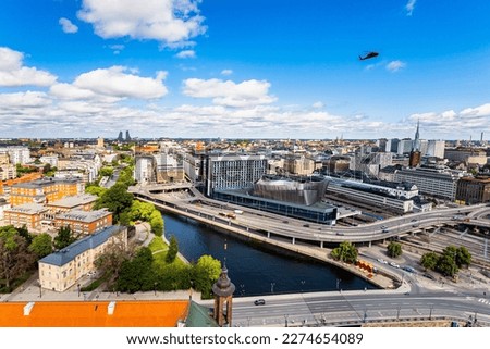 Picturesque northern capital Stockholm. Sweden. Picture from the observation platform on the belfry of the town hall.
