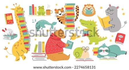 Funny animals read books flat icons set. Cute cartoon tiger, dolphin, crocodile, snail,bird reading interesting texts. Libraries for pets. Color isolated illustrations