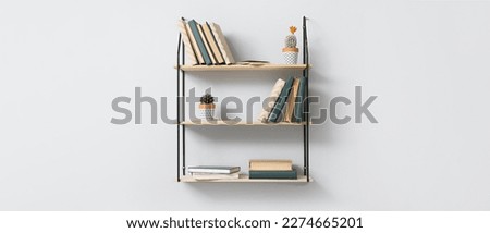 Modern shelves with books and cacti hanging on light wall Royalty-Free Stock Photo #2274665201