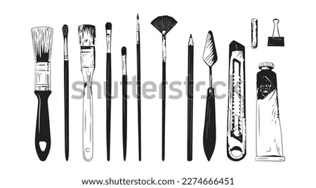 Sketch art tools. Brush paints. Artist or painter creation collection for monochrome school works. Palette and pencil. Black paintbrush. Slate chalk. Vector stationery tidy clipart set