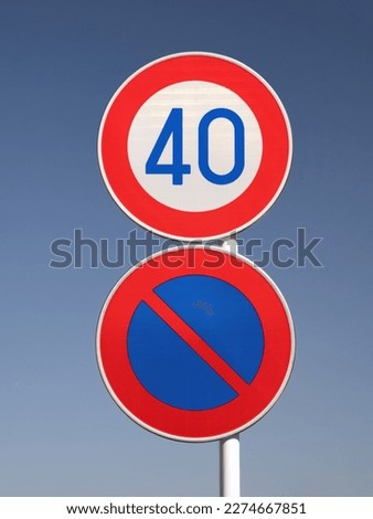 Japanese traffic sign. Speed limit and no parking sign.